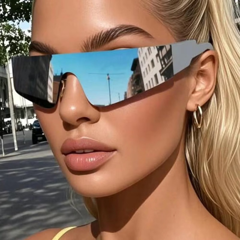 Sunglasses Uv400 - Bezramkowe, jednoczęściowe, małe, prostokątne, srebrne okulary